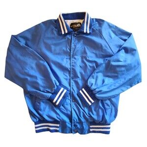 Vintage Mens Weather Wise USA Bomber Jacket Blue Nylon Windbreaker 80s 90s L